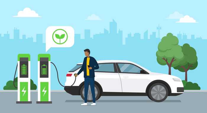 Illustration of man plugging in an elecric car into a charging point